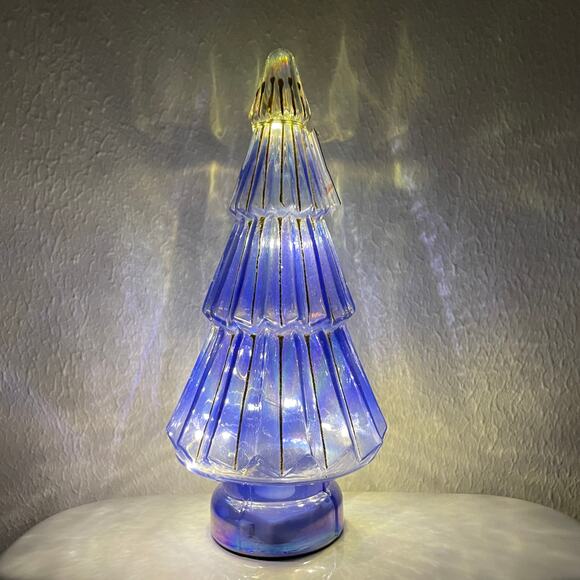 Illuminated Glass Christmas Tree 13.25in Blue & Gold Chic LED Holiday Decor New - Picture 12 of 15